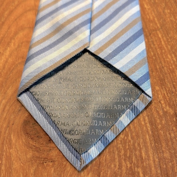Giorgio Armani 100% Silk Diagonal Striped Necktie Blue White & Tan - Picture 3 of 5